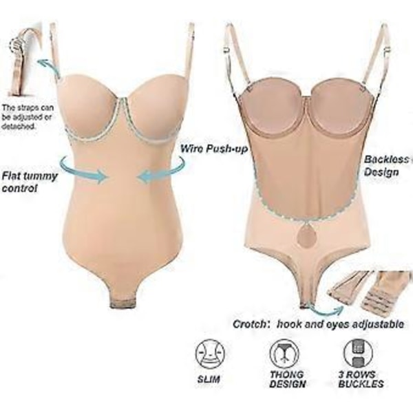 Rygfri Kropsformer Til Kvinder Push Up BH Lav Ryg Thong Bodysuit hurtigt (XL Nøgen)
