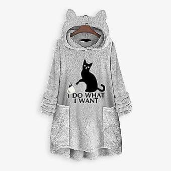 Dame Fleece Hættetrøje Vinter Varm Afslappet Sweatshirt Katteører Design Løs Pullover (2XL Grå)