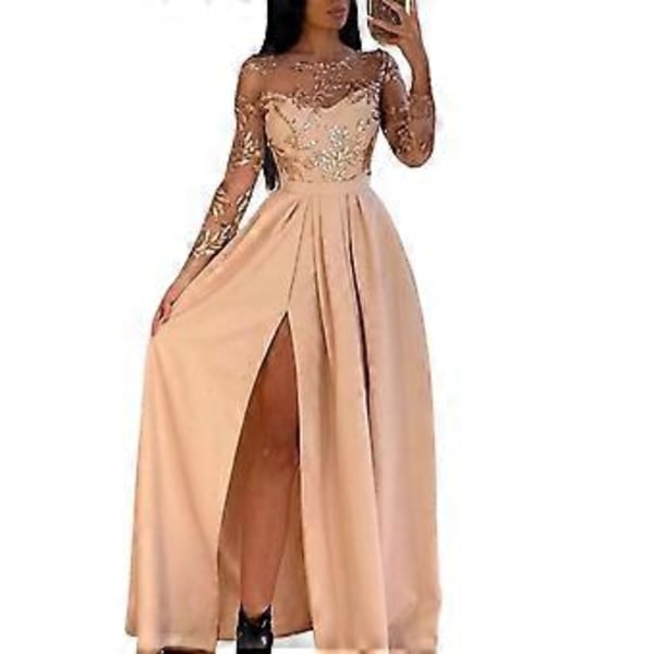 Dammode Festklänning Långärmad Spets Rund Hals Aftonklänning För Semester Födelsedagsoutfit( S)