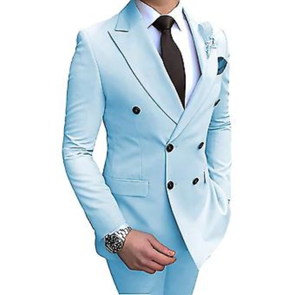 Herrar Dubbelknäppt Blazer Kostym 2 Delar Slim Fit Bröllop Brudgum Tuxedo Peak Lapel Formell Prom Kostymer (52 Rosa)