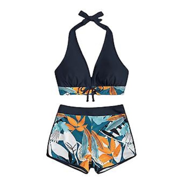 Kvinnors Padded Bikini Set med Lövtryck, Halterneck-BH, Slips-Topp, Hög Midja, Pojk-Shorts, Baddräkt, Sommarstrandkläder (3XL Svart)