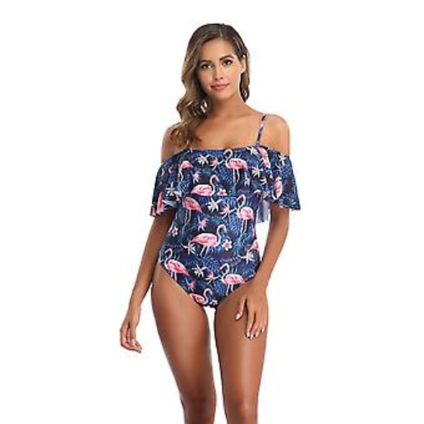 Girl’s swimsuit bikini digital printed belly covered slim fit tube top flounced one-piece  for women swimwear M Crane blue flower