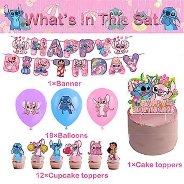 Lilo & Stitch -teemainen lasten syntymäpäiväjuhlatarvikkeet - ilmapalloja, banneri, kakku ja cupcake-koristeita