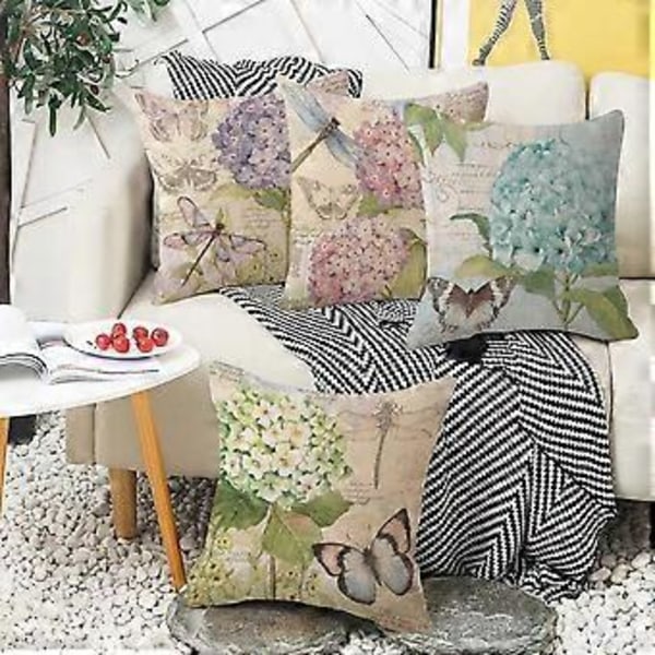 Kuddfodral 18x18 Dekorativa Kuddfodral Linne Kvadrat Blomma Kuddfodral, Lanthus Stil Utomhus Kuddfodral Set om 4 för Soffa Soffan Livi