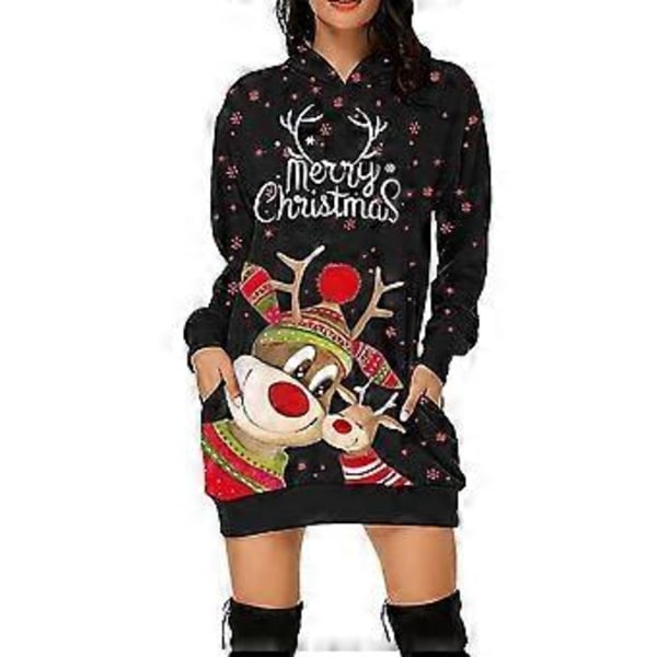 Dame Jul Rensdyr Printet Hætte Pullover Hættetrøje Fest Mini Jumper Kjole (M Sort)