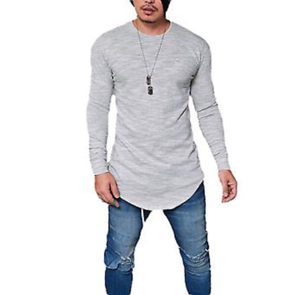 Langermet, ensfarget T-skjorte for menn, slim fit, lang modell, høy kvalitet (S Grå)