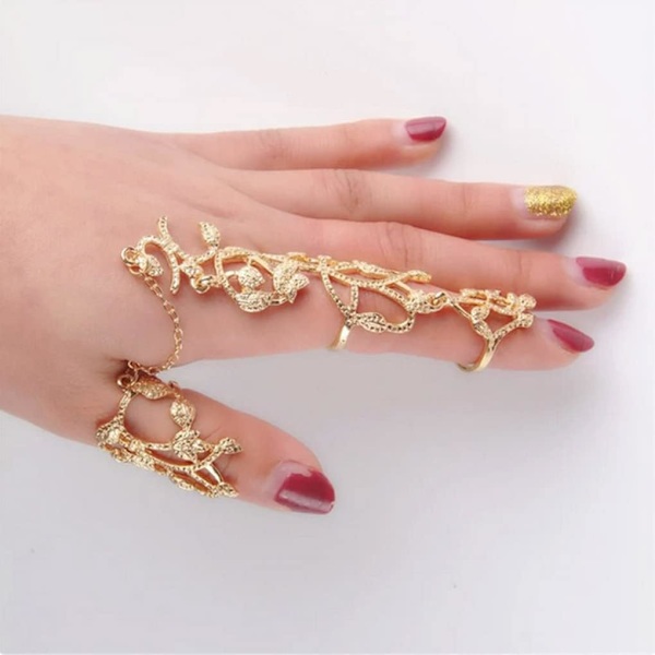 Blad Fuldfinger Ring Armbånd Dainty Knuckle Åben Ring Sele Håndkæder Justerbar Statement Ringe Smykker til Kvinder