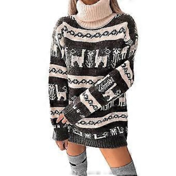 Löst Turtleneck Lång Pulloverklänning för Kvinnor (L Grå)