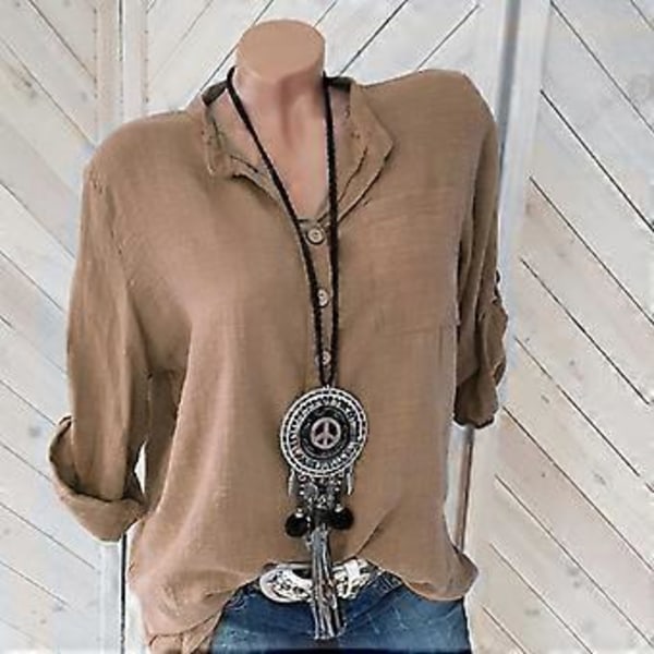 Dame Ensfarget V-hals Bluse med Lommer (XL khaki)