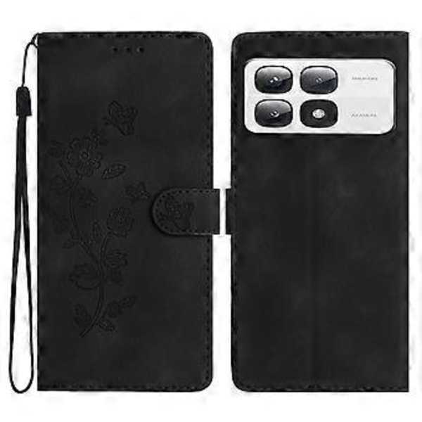 Til Xiaomi 14T Pro Etui Læder Præget Blomster Telefon Cover Wallet med Håndledsrem (Style F)