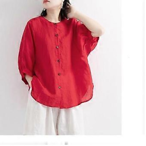 Fritidsskjorter Knap Top Dame Løs Langærmet Oversized Skjorte Dame Bluser Casual (L rød)