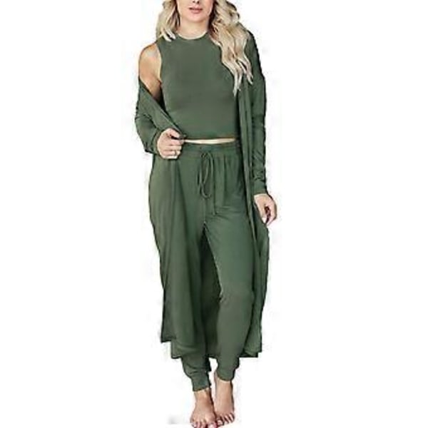 3-delat Pyjamas Set för Kvinnor Höst Vinter Hemkläder Set 3-delat Loungewear Set Väst Byxor Kavaj Set (XL OD Grön)