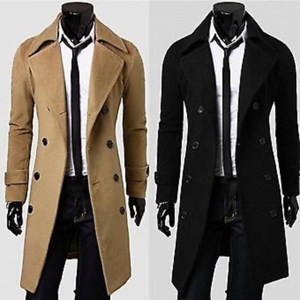 Fianao Lang Trenchcoat Dobbeltbrystet Ensfarvet Efterår Vinter Vindtæt Tyk Jakke (3XL Sort)