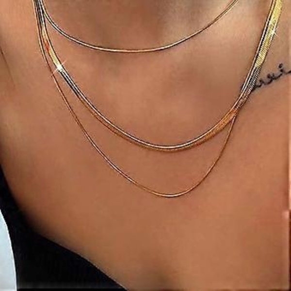 Haringbenskedja Lagerad Halsband, 18K Guld/Silverpläterad Ormkedja Lång Choker Halsband Smalt Kedjehalsband för Kvinnor Flickor Guld Smycken Presenter