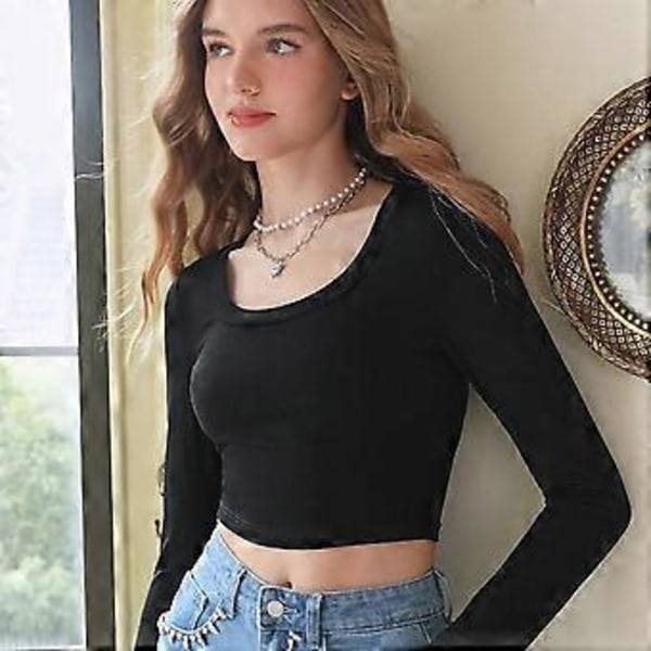 Sexy Cropped skjorte for kvinner, langermet U-utringning, tettsittende basic crop top, ensfarget langermet T-skjorte (M Blå)