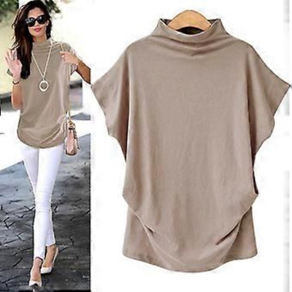 S-5XL Dame Turtleneck T-skjorte Sommer Kortermet Ensfarget Casual Topper (XXL rød)