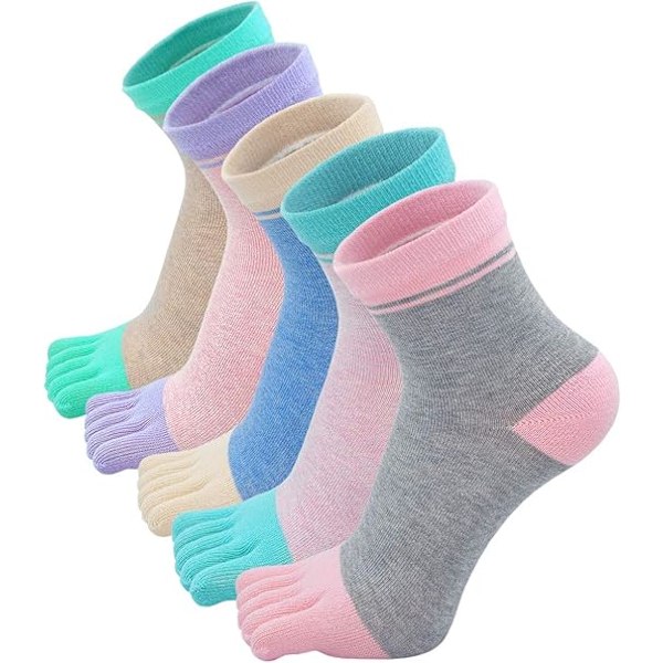 5 par Multifärgade Damfingrar Sockor Bomull Sport Separerade To