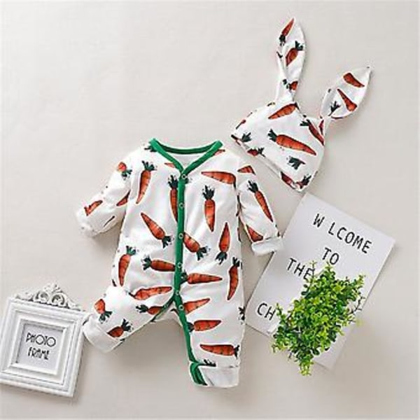 Spädbarnskläder för påsk - Kanin-Romper Jumpsuit Pyjamas med Kaninöron-Mössa Set för Bebisfotografering (6-9M)