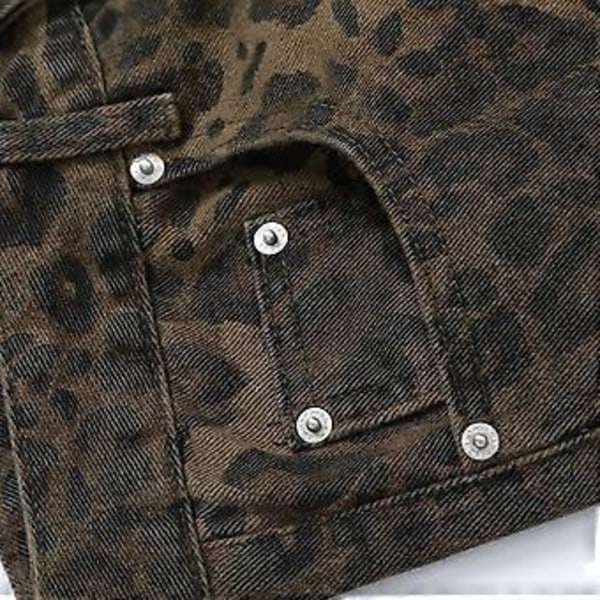 Dame Leopard Trykte Jeansbukser Streetwear Bunn Rett Ben Denim Løse Bukser (L)