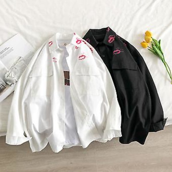 Skjortejakke med revers, lange ermer, klafflommer, enkeltradet, for menn, vår/høst, kyssprint, casual (2XL svart)