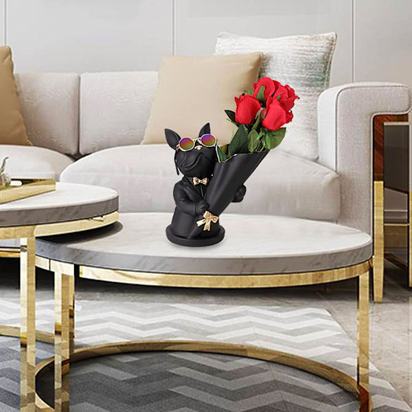 Fransk Bulldog Statue med Bakke i Rustfrit Stål, Borddekoration