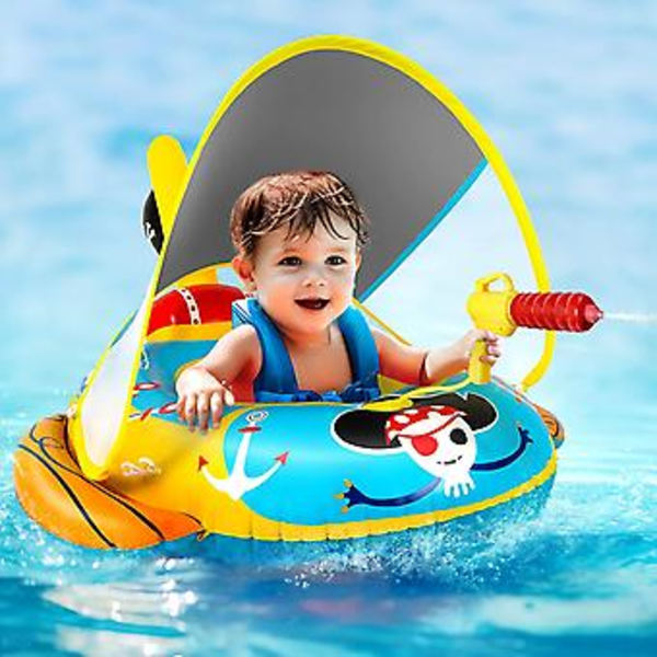 Tjocka Pool Floats för Barn med Vattenpistol, UPF50+ Justerbar Baldakin Uppblåsbar Piratbåtformad Småbarns Pool Float med Säkerhetsstol, Hållbara Pool Leksaker
