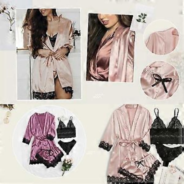 Dam Pyjamas Satin Lingerie Set 4-delars Nattkläder Hemkläder Sovkläder Sexig Spets Blommig Pjs med Kjol Lila(S cameo brown)