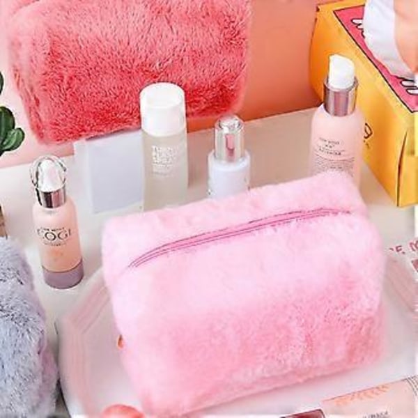 Päls Makeupväska Mjuk Plysch Reseväska för Kvinnor Förvaringsväska Ung Dam Flickor Makeup Organizer Case 1st Solid Handväskor (Silvergrå 8st)