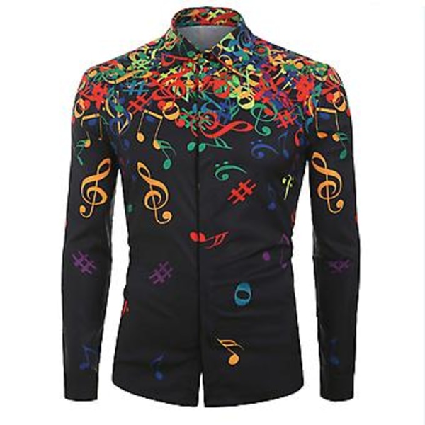 Fianao Casual Herre Høst Musikk Symboler Trykk Lang Ermet Knapper Ned Slank Skjorte (L Svart)