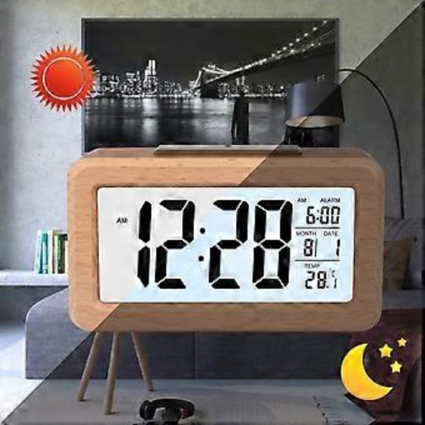 Lättinställd Digital Väckarklocka i Trä med Temperatur, Datum, Bakgrundsbelysning, Snooze, för Sovrum, Sängbord, Hem, Kontor, Tyst