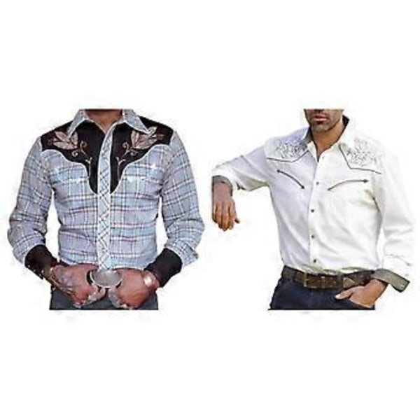 Miesten paita Vintage Western Cowboy -kuvioinen Yksirivinen Slim Fit Pitkähihainen Käännettävä Kaulus Napit (M sininen)