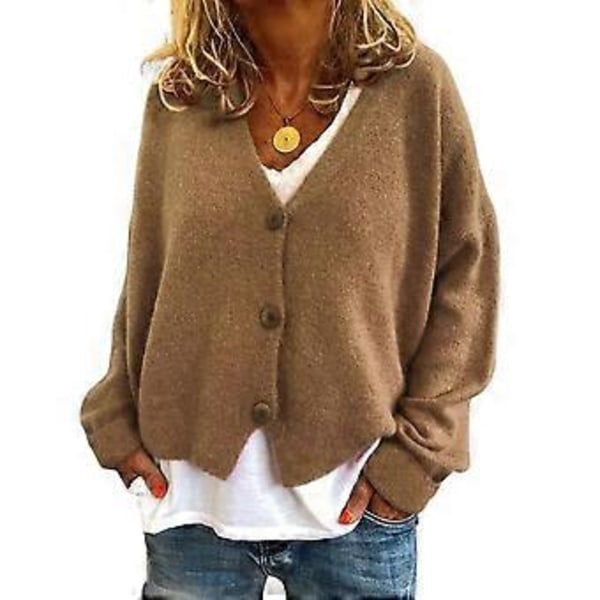 Dam Tröjjacka V-ringad Långärmad Enkelknäppt Stickad Tröja Enfärgad Lös Passform Kofta (XL khaki)