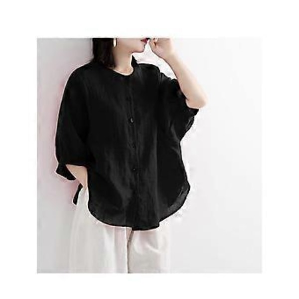 Fritidsskjorter Knap Top Dame Løs Langærmet Oversized Skjorte Dame Bluser Casual (S sort)