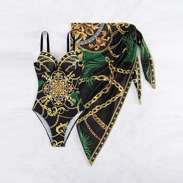One Piece badedragt med cover up sæt - Bohofeel Chain Print Push Up badedragter med strand nederdel Sexy badetøj  XL sort