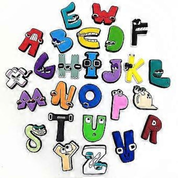 26 stk. Alphabet Lore Croc Charms Skodekorasjon for Tresko Sandaler, Skotilbehør for Barn Gutter Jenter Festgaver
