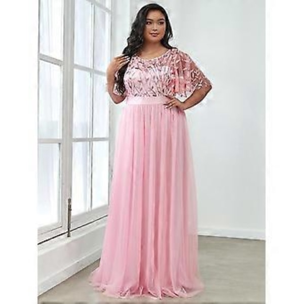 Ever-Pretty Dam Plus Size Paljettbroderad A-linje Kortärmad Bröllopsgästklänning (5XL rosa)
