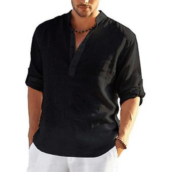 Ny Herre Casual Bluse Bomullslin Skjorte Løse Topper Lang Erme Tee Skjorte Vår Høst Casual Stilig Menn Skjorter L 70-80 KG Svart
