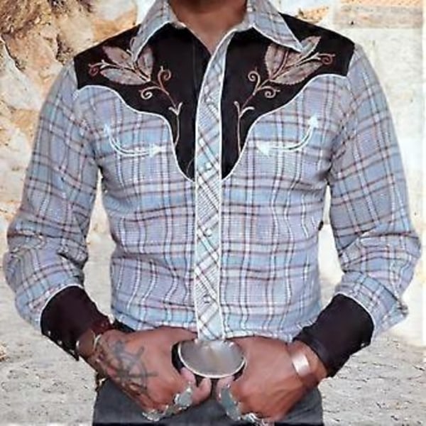 Miesten paita Vintage Western Cowboy -kuvioinen yksirivinen Slim Fit pitkähihainen alaslaskettava kaulus napit (2XL sininen)