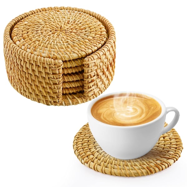 6 st handgjorda rottingunderlägg med hållare, naturliga korgunderlägg i boho-stil, värmebeständiga dryckesunderlägg för kaffe Ta