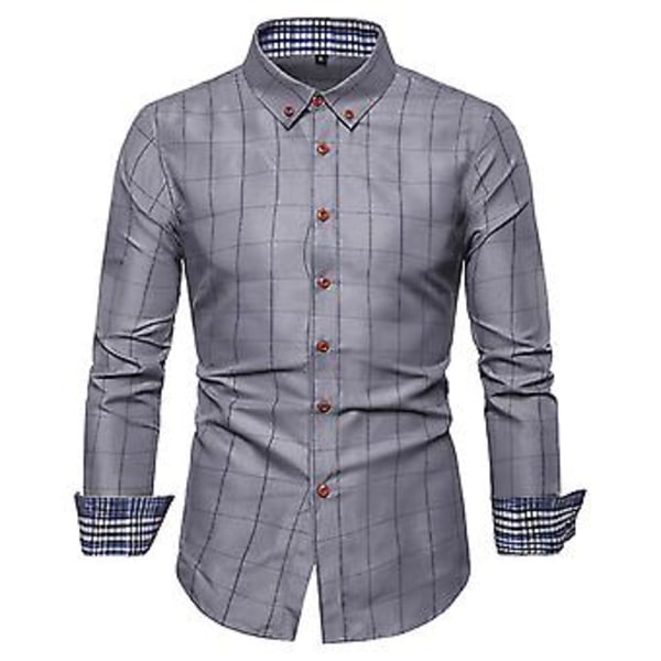 Herrar Skjorta Rutiga Tryck Långärmad Knappar Formell Enkelknäppt Varm Business Plus Size Höst Topp Man Kläder (L Grå)