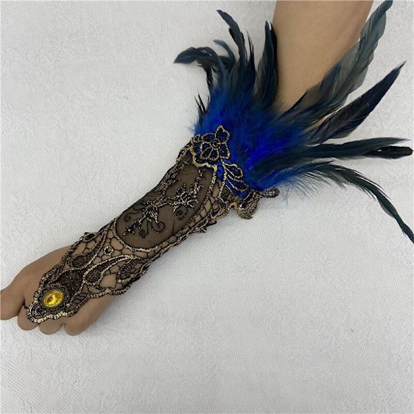 Helig Fest Fjäderarmband Gotisk Fjäderhandskar Uthålade Gyllene Spetsar Spetsärmar