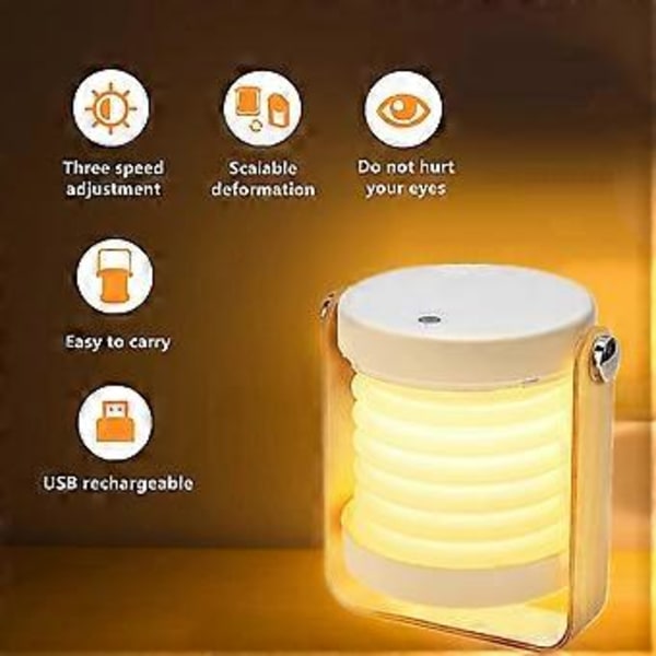 Grått Bordlampe, Bærbar Sammenleggbar Teleskopisk Nattlampe, LED Leselampe med Trehåndtak, 3 Lysstyrkenivåer, Justerbar Lysstyrke, USB-Lading