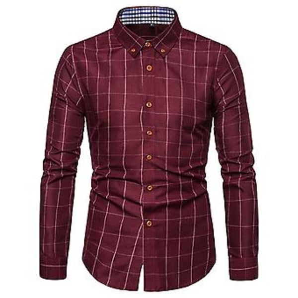 Mænds Skjorte Ternet Print Langærmet Knap Formal Enkeltbrystet Varmt Business Plus Size Efterår Top Mænds Tøj (M Vinrød)