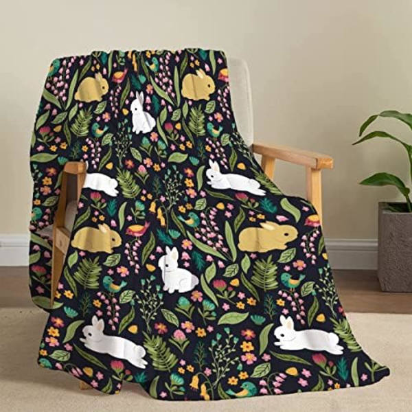 Cartoon Kanin och Blommor Filt Söta Kanin Djur Lätt Överkast Filt för Kvinnor Män Mjuk Mysig Fleece Säng Soffa