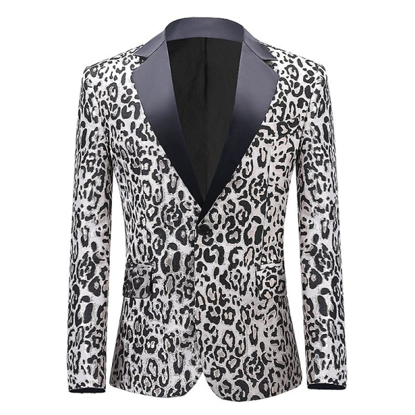 Men's Party Leopard Print Blazer, Notched Lapel Lightweight Suit Jacket White 3XL