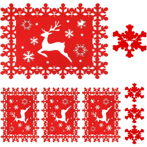 8 Christmas Placemats and Table Coasters, Red Reindeer Snowflake for Xmas P