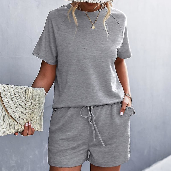 Ladies Loose Top And Shorts Home Clothes Women Summer Casual Crew Neck Light Gray Light Gray XL