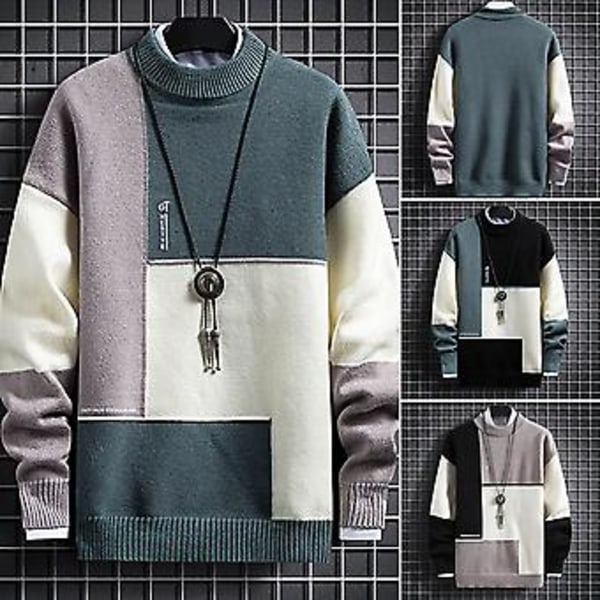 Høst- og vintergenser for menn, strikket, lang erme, rund hals, kontrastfarger, løs passform, varm, tykk, elastisk, krympesikker, vårgenser for shopping (2XL grønn)