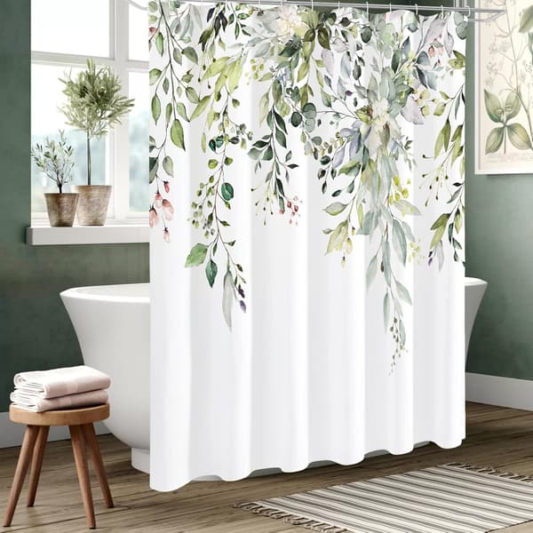 Grön Eucalyptus Duschdraperi, Akvarell Växtblad och Flor
