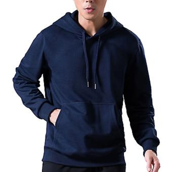 Hettegenser for menn med lange ermer, hette, snor, slitesterk, ensfarget, pullover, elastiske mansjetter, høstgenser (2XL marineblå)